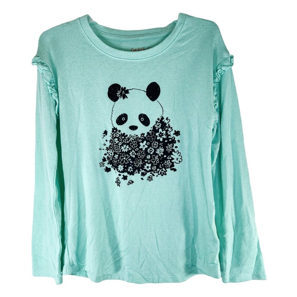Cat & Jack Top Girls M Aqua Black Floral Panda Ruffle Shoulder Shirt Size Medium